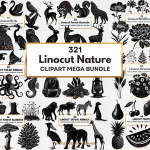 Könnte beinhalten: Eine digitale Sammlung mit dem Titel 321 Linocut Nature CLIPART MEGA BUNDLE mit schwarz-weißen Illustrationen von Vögeln, Waldtieren, Wildblumen, Grünpflanzen, Meerestieren, Waldelementen, Safaritieren und verschiedenen Früchten.