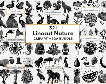 321 Linocut Nature PNG Clipart Bundle, Black Silhouette, Transparent Background, Commercial Use (Digital Download)