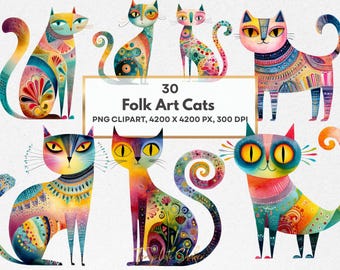 Folk Art Cat Clipart Bundle, Whimsical Scandinavian Style Cats, Transparent PNG Set, Commercial Use