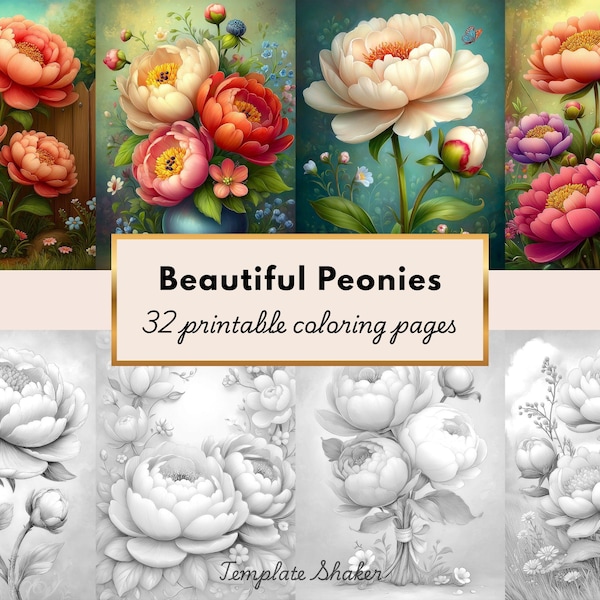 Peony Flower Coloring Book for Adults, 32 Grayscale Pages, Printable PDF + Colored Version