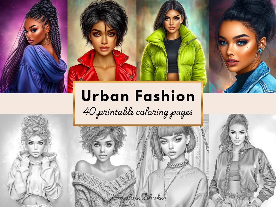 Urban Fashion Portraits Coloring Book: Grayscale Pages for Adults ...