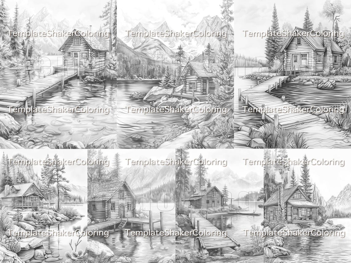 Forest Lake Cabin Coloring Book: 30 Grayscale Pages, Nature Scenes ...