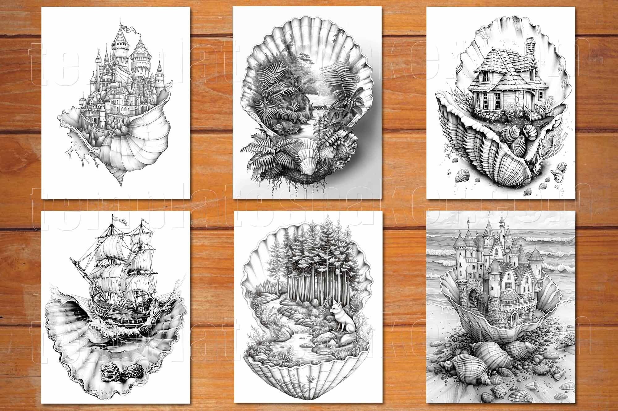 Seashell World Grayscale Coloring Book: Fantasy Shells, 24 Pages ...