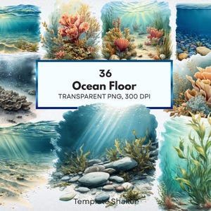 Może przedstawiać: Kolekcja 36 cyfrowych ilustracji dna oceanu przedstawiających podwodne sceny z rafami koralowymi, piaszczystym dnem, gładkimi kamieniami i roślinami wodnymi. Widoczny jest tekst 36 Ocean Floor, Transparent PNG, 300 DPI oraz Template Shaker.
