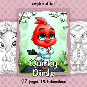 Libro da colorare in scala di grigi con uccelli divertenti: pagine facili in scala di grigi per adulti e bambini, PDF stampabile, versione colorata