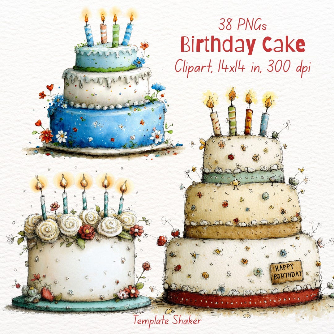 Birthday Cake Clipart Set PNG, Watercolor Party Cakes, Transparent ...