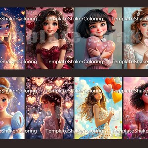 Valentine Girls Adult Coloring Book: Grayscale Pages, Romantic Portraits, Printable PDF + Colored Version image 8