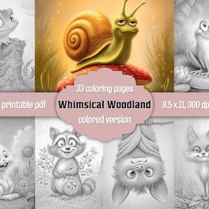 Whimsical Animal Coloring Book: Adult Grayscale Pages, Fun Woodland Creatures, Printable PDF, Colored Version