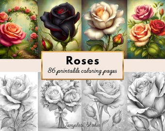 Roses Coloring Book: 86 Floral Grayscale Pages for Adults, Printable PDF, Colored Version