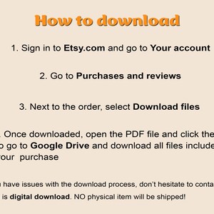 May include: A white background with black text explaining how to download a digital purchase from Etsy. The text includes instructions to sign in to Etsy.com, go to Purchases and reviews, select Download files, and open the PDF file to download all files included in the purchase. The text also states that this is a digital download and no physical item will be shipped.