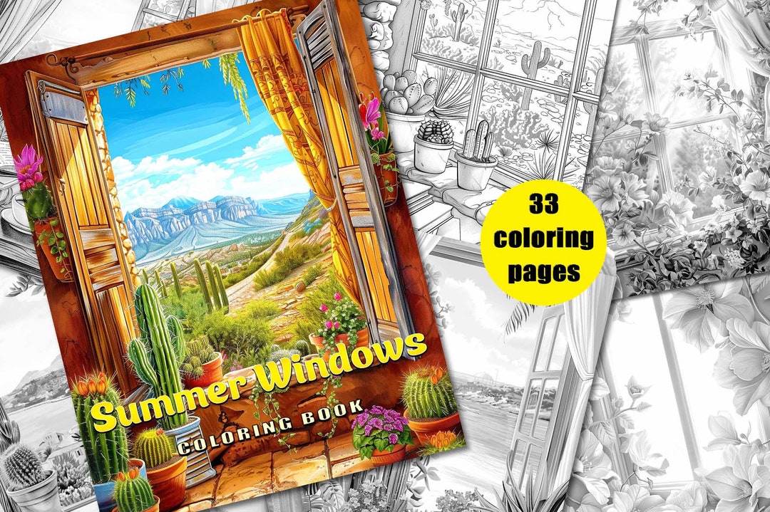 33 Blooming Floral Windows Coloring Pages - Summer Windows Grayscale ...