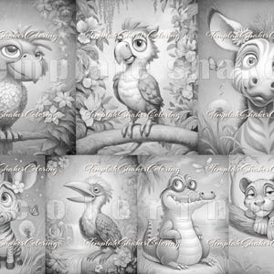 May include: A collection of grayscale illustrations featuring cartoon animals. The images include an owl, parrot, zebra, toucan, crocodile, and leopard. Each animal is set against a backdrop of foliage and flowers, with the text "Template Shaker Coloring" at the bottom.