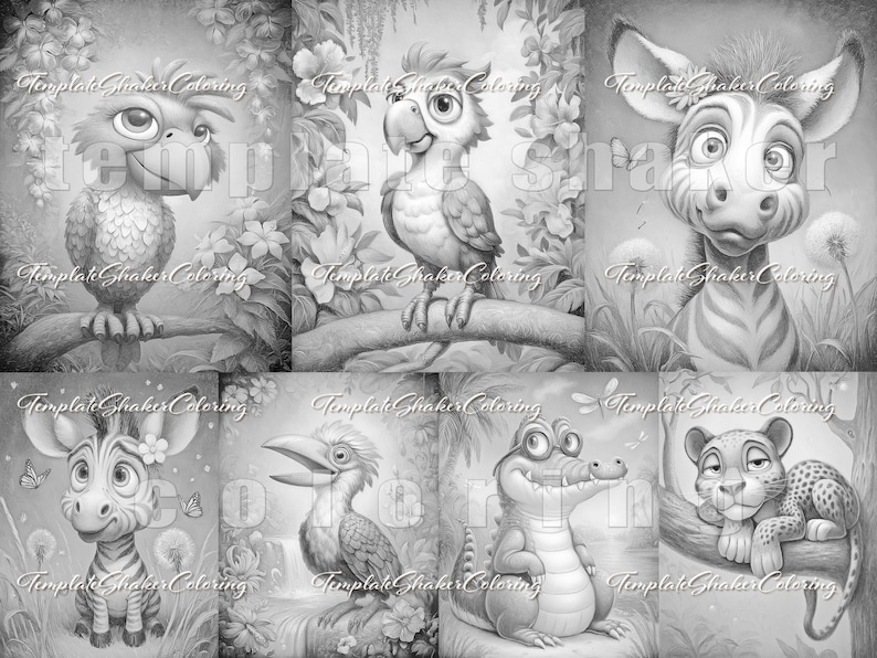 May include: A collection of grayscale illustrations featuring cartoon animals. The images include an owl, parrot, zebra, toucan, crocodile, and leopard. Each animal is set against a backdrop of foliage and flowers, with the text "Template Shaker Coloring" at the bottom.
