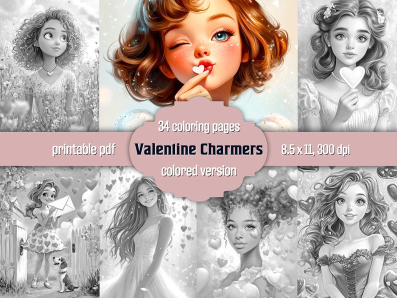 Valentine Girls Adult Coloring Book: Grayscale Pages, Romantic Portraits, Printable PDF + Colored Version image 1