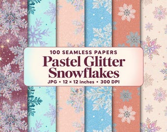 Pastel Glitter Snowflake Digital Paper, 100 Seamless Winter Patterns, Christmas Scrapbook Backgrounds (Digital)