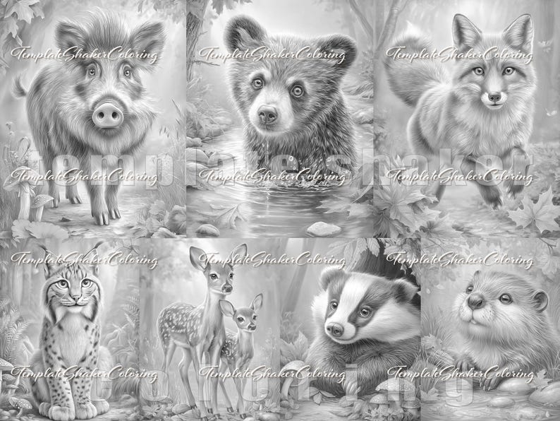 Woodland Animals Coloring Book: Fall Forest Grayscale Pages, PDF Download, Colored Version Included image 4
