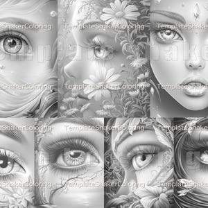 May include: A grayscale illustration featuring six panels of detailed female faces. Each panel showcases a different close-up view, focusing on the eyes, lips, and surrounding floral or natural elements. The artwork is intricate, with shading and highlights.