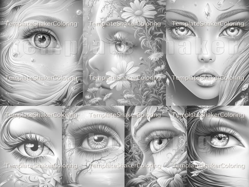 May include: A grayscale illustration featuring six panels of detailed female faces. Each panel showcases a different close-up view, focusing on the eyes, lips, and surrounding floral or natural elements. The artwork is intricate, with shading and highlights.