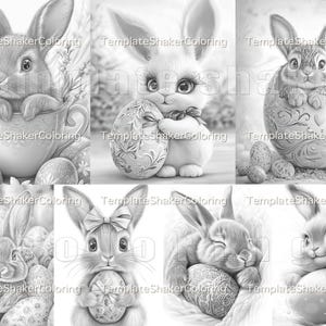 May include: A digital colouring page featuring nine images of bunnies holding or sitting inside Easter eggs. The bunnies are drawn in a realistic style with intricate details.