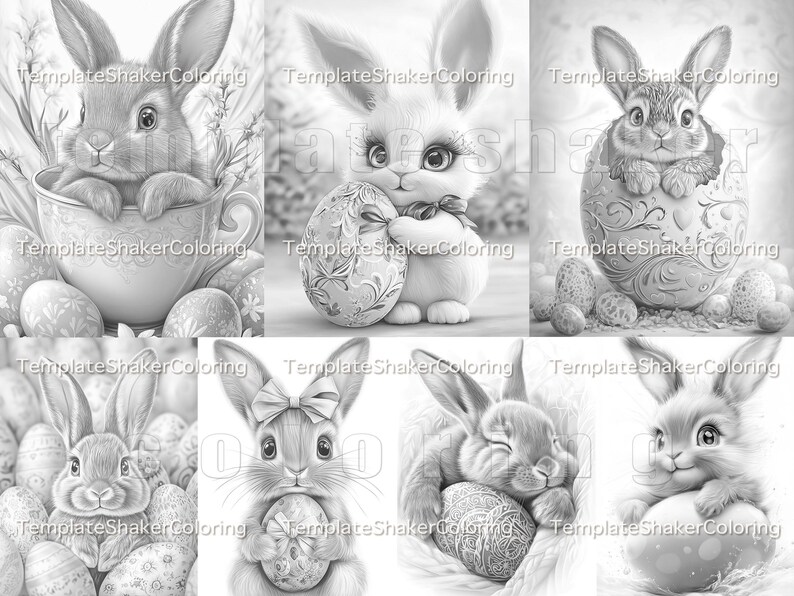 May include: A digital colouring page featuring nine images of bunnies holding or sitting inside Easter eggs. The bunnies are drawn in a realistic style with intricate details.