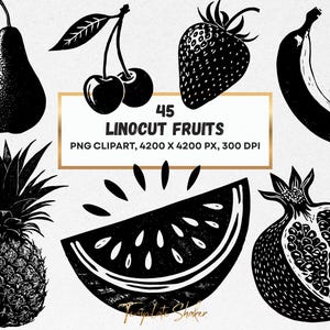 Puede incluir: Una colección de ilustraciones de frutas en linograbado en blanco y negro que incluye una pera, cerezas, fresa, plátano, piña, rodaja de sandía y granada. El texto dice 45 LINOCUT FRUITS PNG CLIPART, 4200 X 4200 PX, 300 DPI.