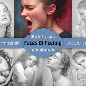 Expressive Faces Coloring Book: 38 Grayscale Emotional Portrait Pages, Printable PDF, Colored Version