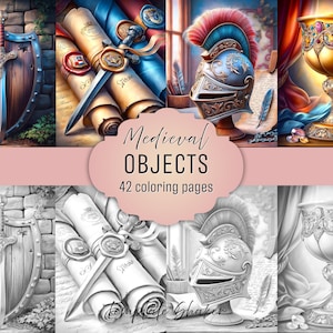 Medieval Artifacts Coloring Book: Grayscale Historical Tools & Armor, Printable PDF, Colored Version