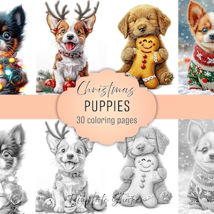 クリスマスの子犬ぬりえ：30ページのお祝いムード満点のモノクロページ、印刷可能なPDFダウンロード、カラー版