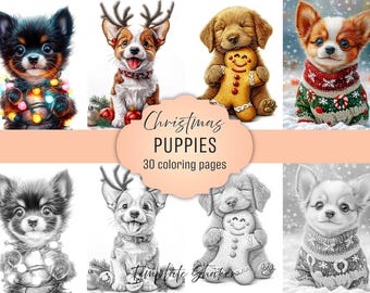 Christmas Puppies Coloring Book: 30 Festive Grayscale Pages, Printable PDF Download, Colored Version