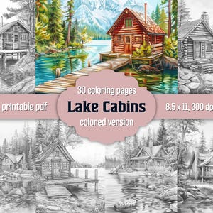 30 Forest Lake Cabin Coloring Pages - Grayscale Coloring Book For Adults - Printable PDF File - Wood Nature Coloring Book - Instant Download