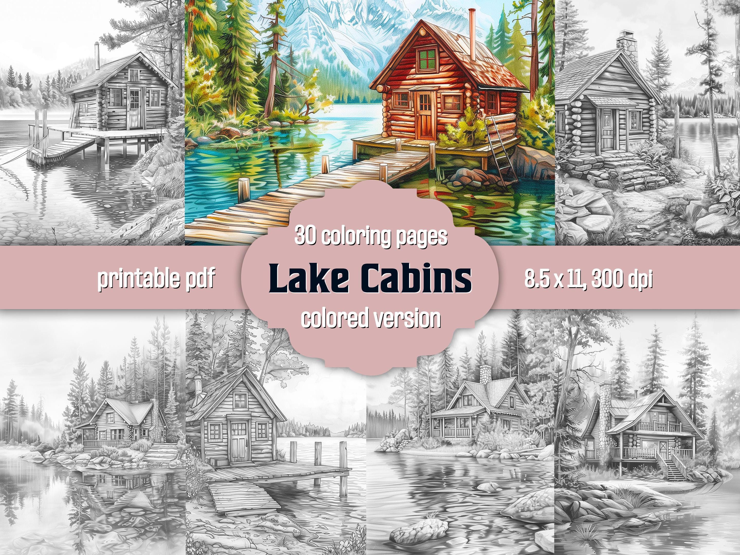 Forest Lake Cabin Coloring Book: 30 Grayscale Pages, Nature Scenes ...