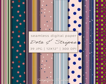 Elegant Dots & Stripes Seamless Patterns, Bold Color Digital Paper Set, Commercial Use (Digital)