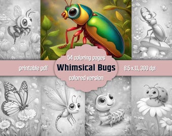 Whimsical Bugs Grayscale Coloring Book for Adults: Fun Insects Pages, Printable PDF + Colored Version