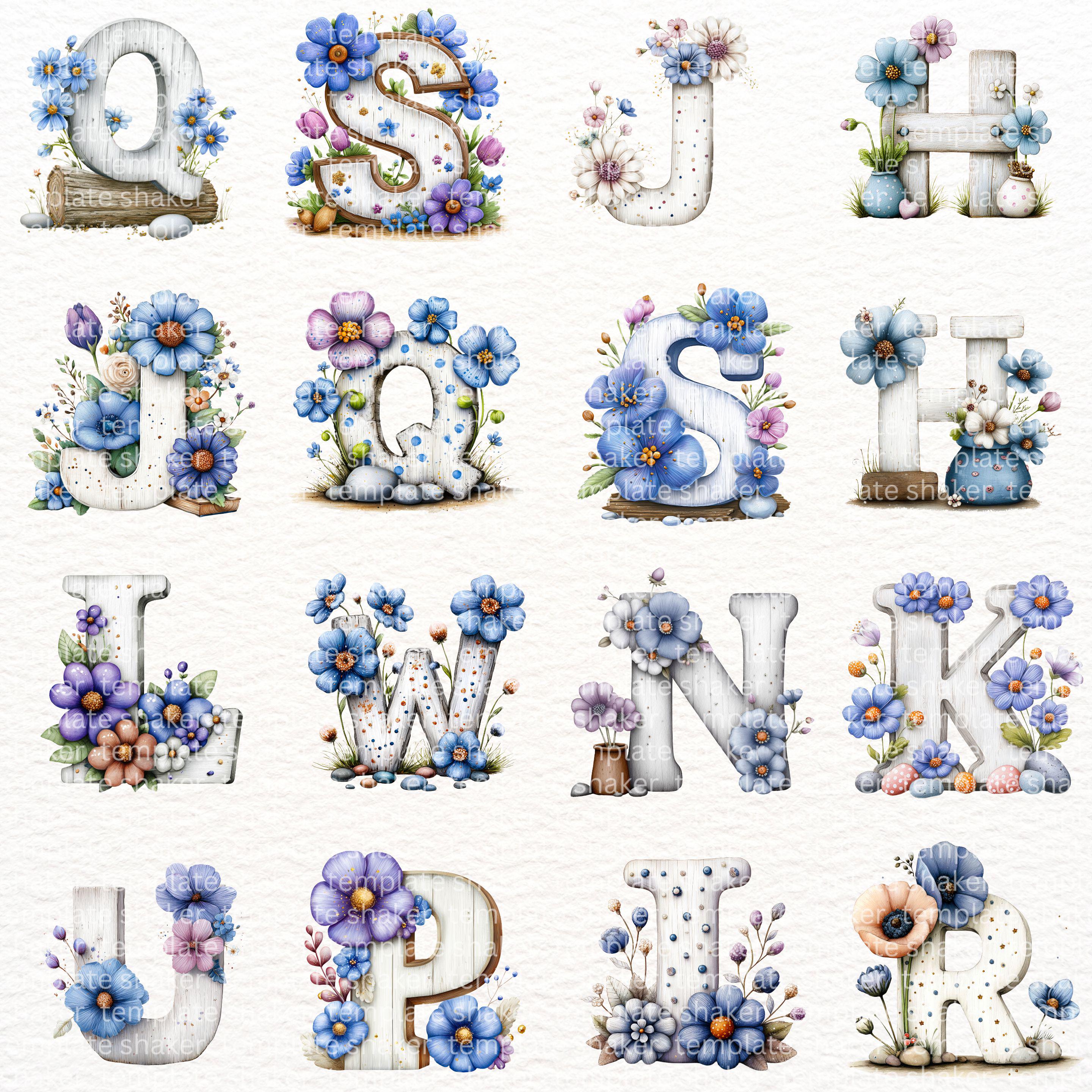 Blue Floral Alphabet Clipart Bundle, Watercolor Flowers Letters ...