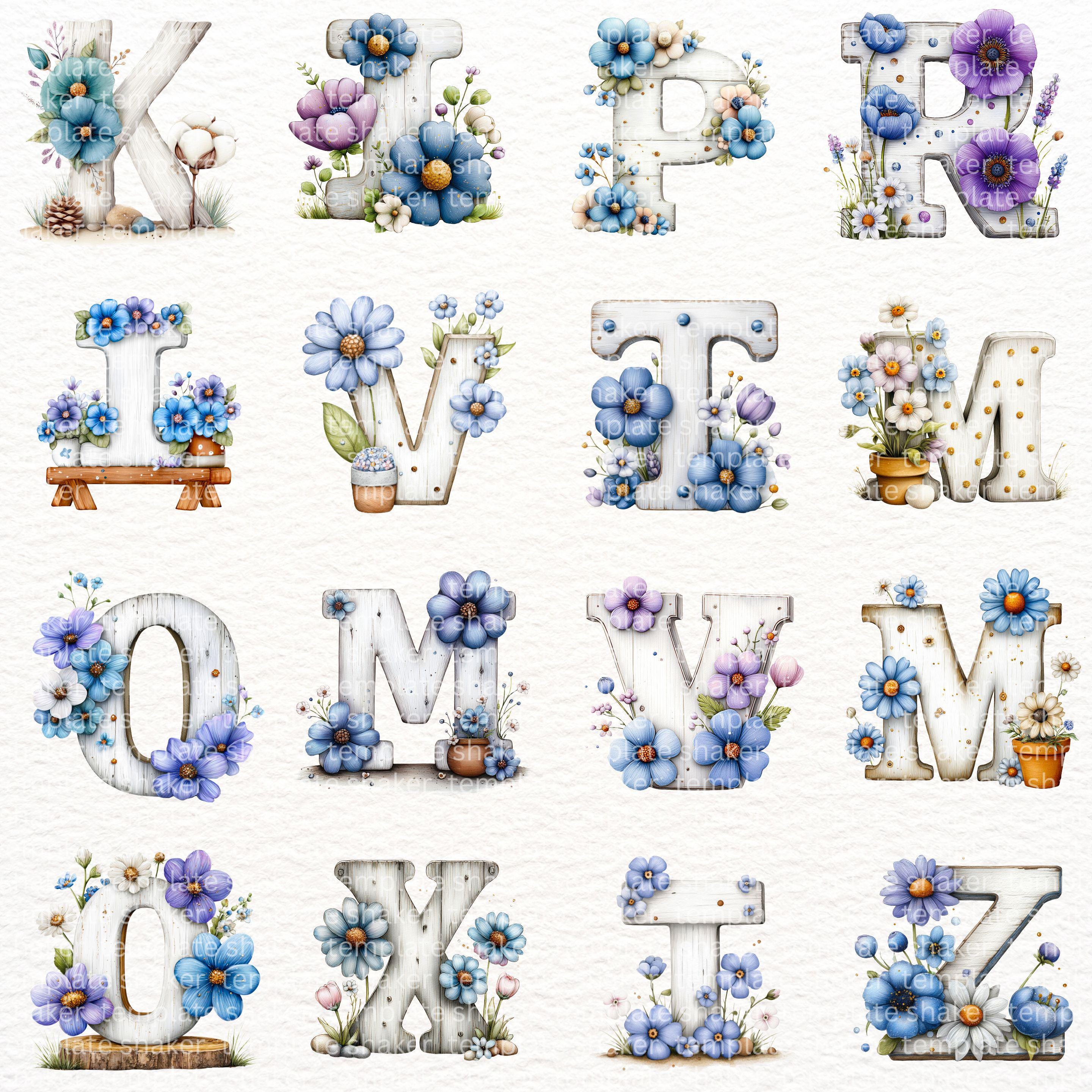 Blue Floral Alphabet Clipart Bundle, Watercolor Flowers Letters ...