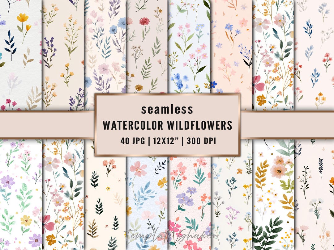 Spring Wildflower Seamless Digital Paper, Watercolor Meadow Floral ...