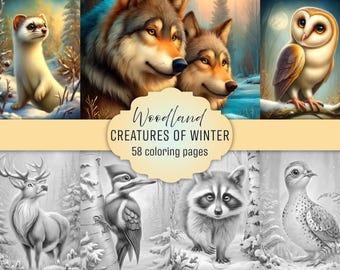 Woodland Animals Winter Coloring Book: 58 Grayscale Pages, PDF Download, Colored Version Included