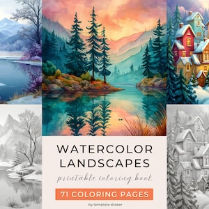 Może przedstawiać: Cyfrowa kolekcja 71 stron do kolorowania do druku pod tytułem WATERCOLOR LANDSCAPES. Zestaw zawiera kolorowe i czarno-białe ilustracje zaśnieżonych jezior górskich, lasów sosnowych oraz skupisk domów w zimowej scenerii.
