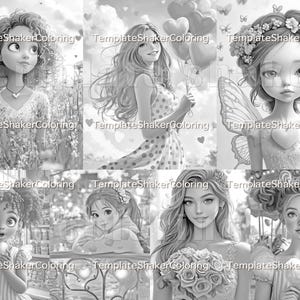 May include: A black and white coloring page featuring six different girls with various hairstyles and outfits. The girls are all smiling and looking happy. The page is perfect for coloring and relaxing.