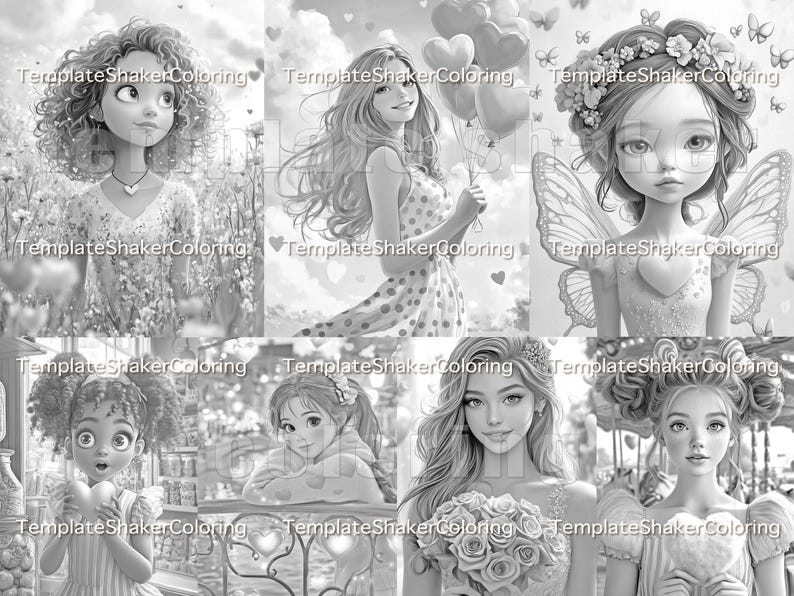 May include: A black and white coloring page featuring six different girls with various hairstyles and outfits. The girls are all smiling and looking happy. The page is perfect for coloring and relaxing.