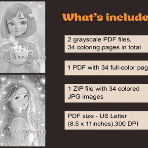May include: Two grayscale PDF files and one PDF with 34 full-color pages of coloring pages featuring a girl with a cup of hot chocolate.  The PDF files are 8.5 inches by 11 inches and 300 DPI.  Also included is a ZIP file with 34 colored JPG images.