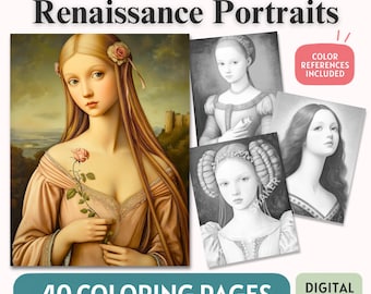 Renaissance Women Portraits Adult Coloring Pages, Printable Grayscale Coloring Book, PDF Digital Download