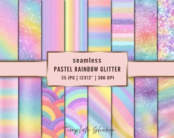Pastel Glitter Rainbow Seamless Digital Paper, Unicorn Party Backgrounds, Ombre Sparkle Patterns (Digital)