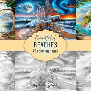 Puede incluir: Una colección de 45 páginas para colorear titulada Beautiful BEACHES que presenta varios paisajes costeros con árboles, océanos a la luz de la luna, costas nevadas y cascadas en ilustraciones a color y en blanco y negro.
