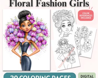 Floral Fashion Girls Adult Coloring Book, 30 Glamorous Flower Portrait Printable PDF Pages