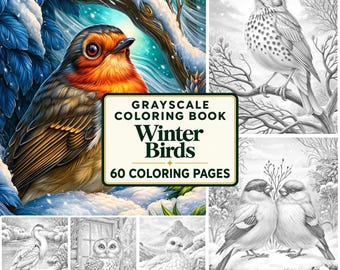 Winter Birds Adult Coloring Pages, Cozy Animal Grayscale Printable PDF Book, Digital Coloring