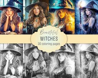 Witch Coloring Book, 30 Grayscale Pages For Adults - Printable PDF, Colored Version