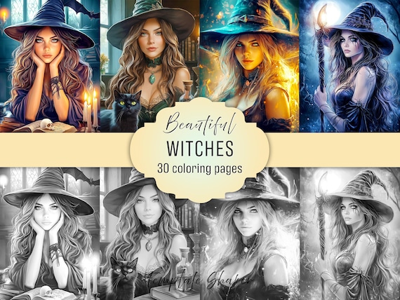 Witch Coloring Book, 30 Grayscale Pages For Adults - Printable PDF, Colored Version