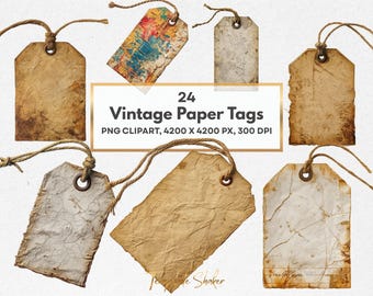 Vintage Paper Tags Clipart PNG, Antique Labels, Transparent PNG Set, Commercial Use (Digital Download)