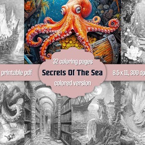 Livro de colorir fantasia subaquática: Páginas em tons de cinza, arte de sereias e oceano, download em PDF, versão colorida
